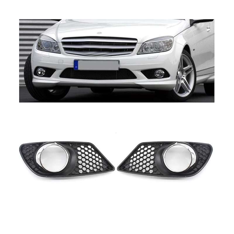 Car Front Left Bumper Fog Light Grille Fog Lamp Grill Cover with Chrome Frame for C- W204 2008-2010