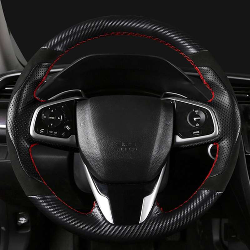 Car Hand-Stitched Steering Wheel Cover Carbon Fiber Leather Suede Cover 38cm for 10Th Gen 2016-2021