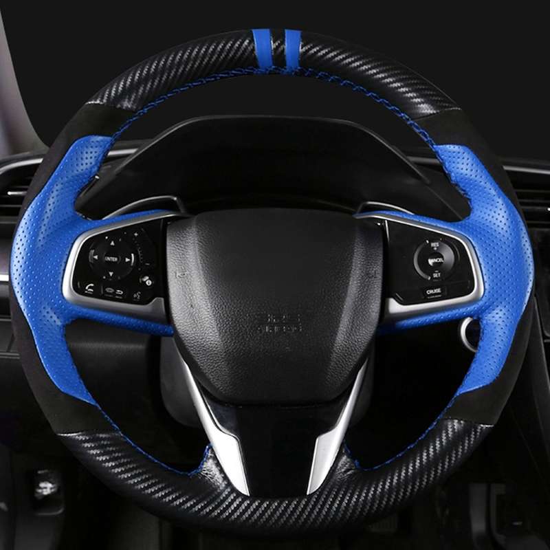 Car Hand-Stitched Steering Wheel Cover Carbon Fiber Leather Suede Cover 38cm for 10Th Gen 2016-2021