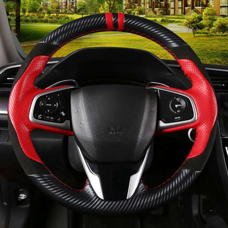 Car Hand-Stitched Steering Wheel Cover Carbon Fiber Leather Suede Cover 38cm for 10Th Gen 2016-2021