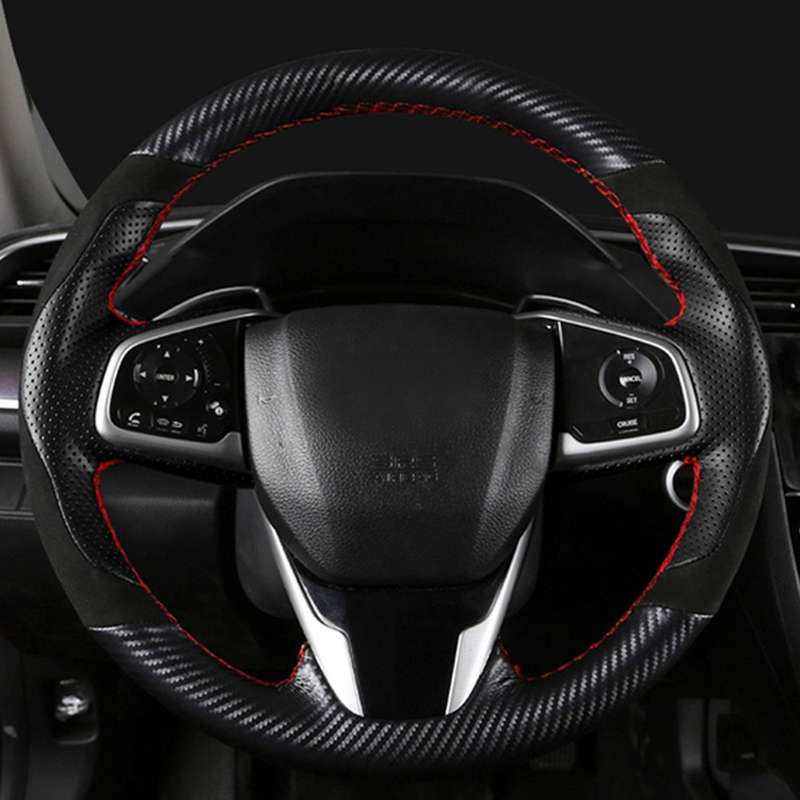 Car Hand-Stitched Steering Wheel Cover Carbon Fiber Leather Suede Cover 38cm for 10Th Gen 2016-2021