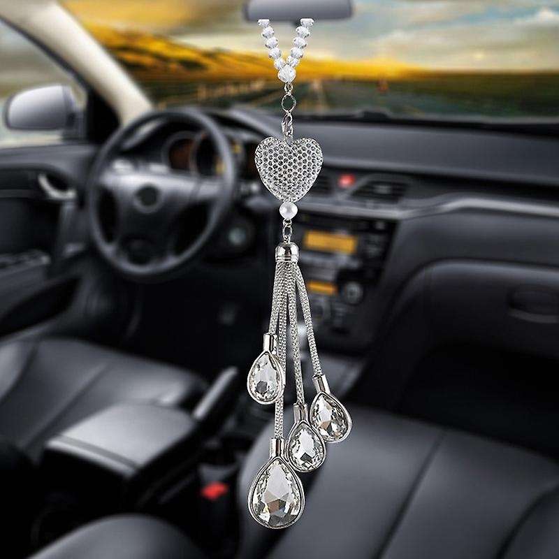 Car Heart for Mirror Bling Car Decoration Crystal Car Rear View Mirror Charms Decor Lucky Hanging In