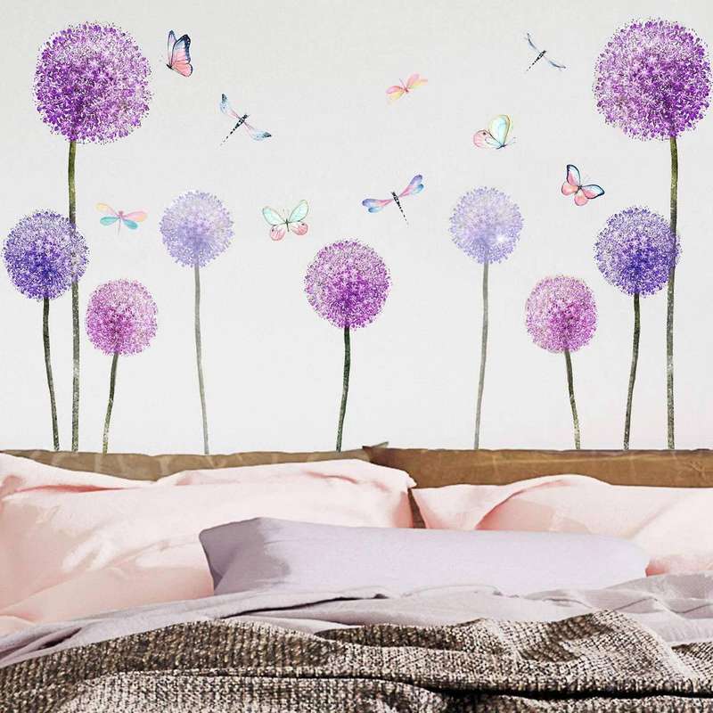 Purple Dandelion Wall Sticker Flowers Butterflies Wall Decoration for Children's Room Girls Living R