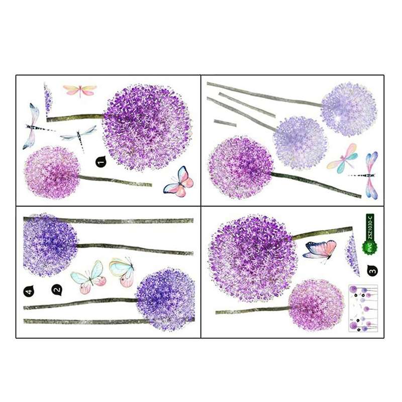 Purple Dandelion Wall Sticker Flowers Butterflies Wall Decoration for Children's Room Girls Living R