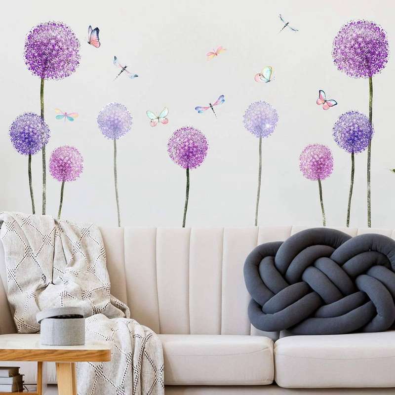 Purple Dandelion Wall Sticker Flowers Butterflies Wall Decoration for Children's Room Girls Living R