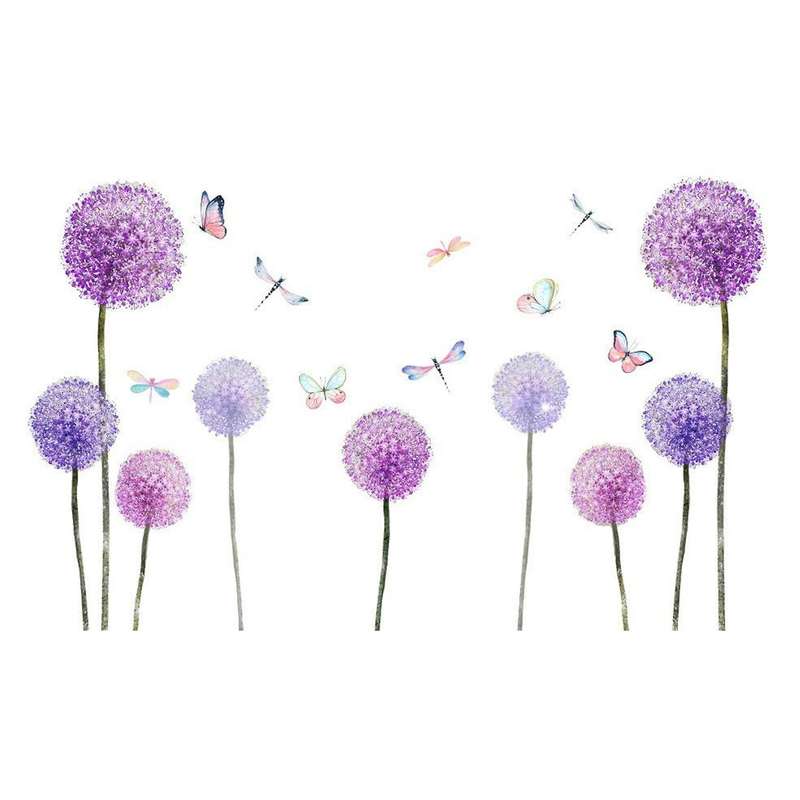 Purple Dandelion Wall Sticker Flowers Butterflies Wall Decoration for Children's Room Girls Living R