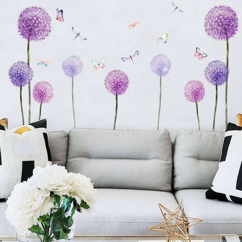 Purple Dandelion Wall Sticker Flowers Butterflies Wall Decoration for Children's Room Girls Living R