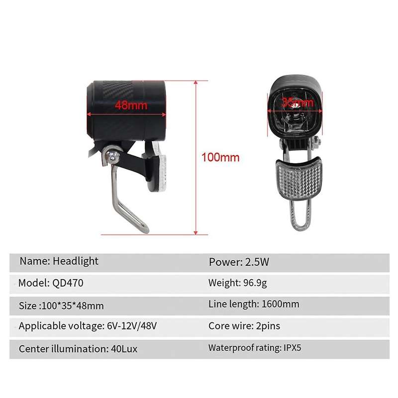 QD470 E-Bike LED Headlight 6V-12V/48V Bicycle Light Waterproof Front Headlight Waterproof Connecto