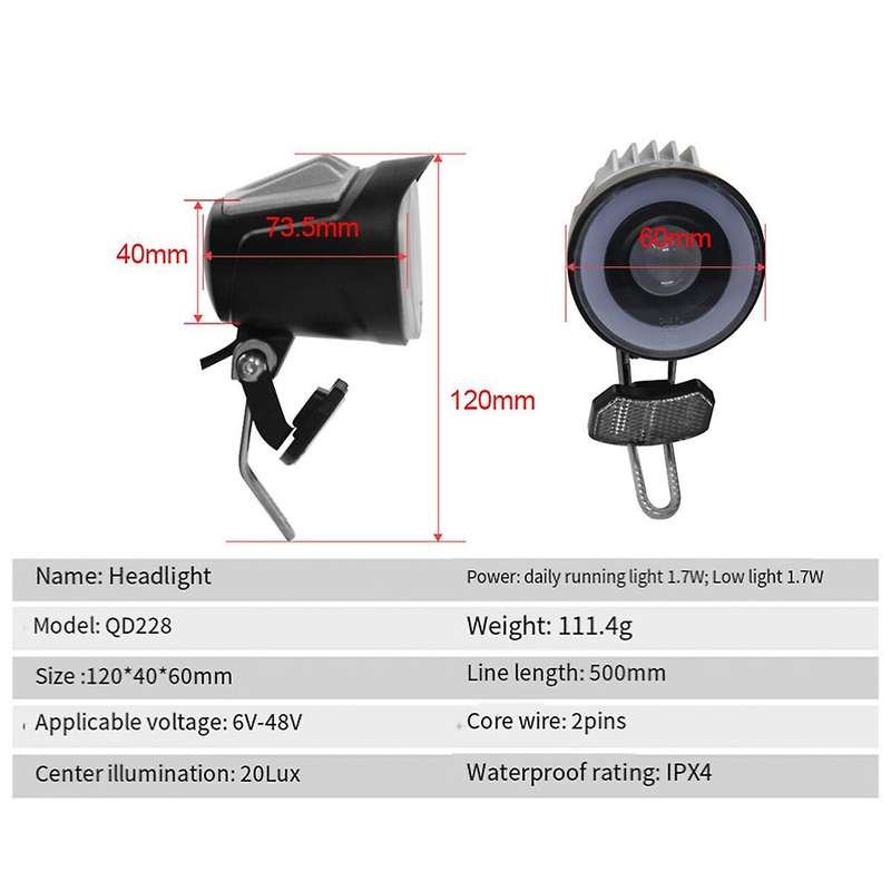 Qd228 Led Headlight Electric Bicycle Scooter Waterproof Connector Front Light with Horn Accessorie