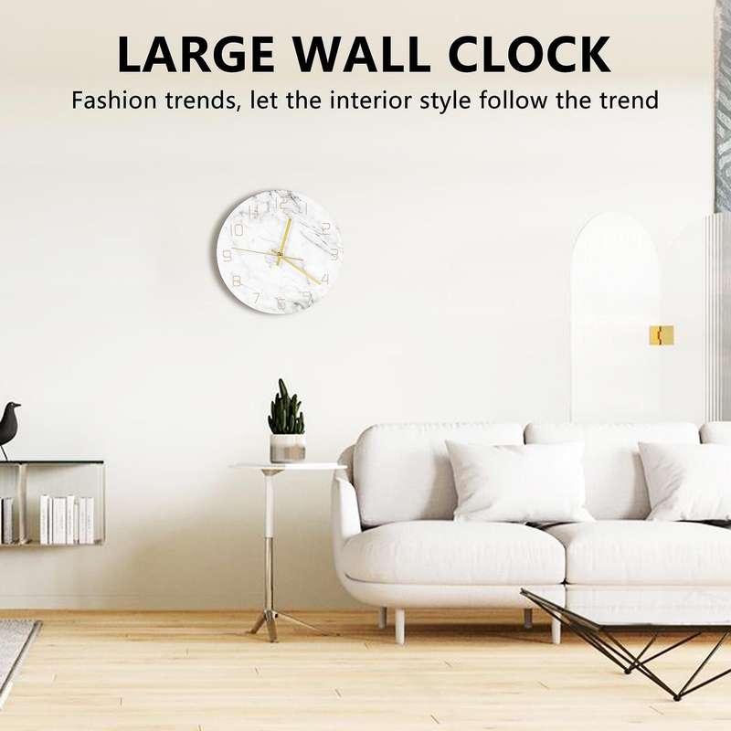 Quartz Analog Quiet Marble Wall Clock 3D Chic White Marble Print Modern Round Wall Watch Nordic Crea