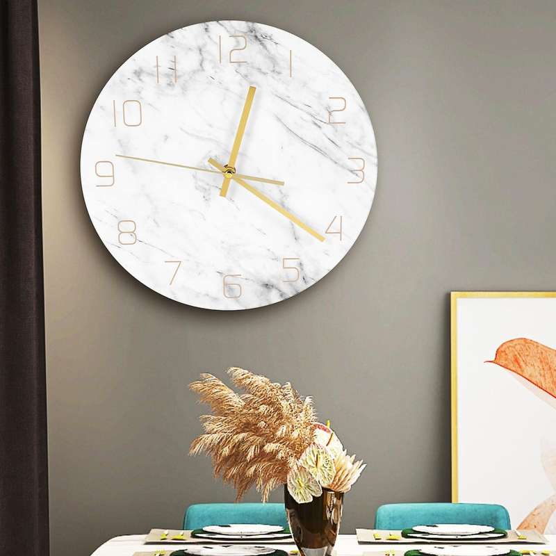 Quartz Analog Quiet Marble Wall Clock 3D Chic White Marble Print Modern Round Wall Watch Nordic Crea