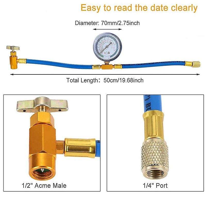 R134a Charging Hose to Refrigerator -with Conditioning Gauge - Refrigerant R134a Can Tap to R-12/r-