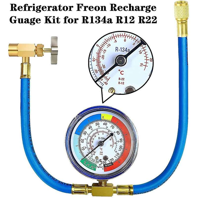 R134A Refrigerator Freon Recharge Hose Kit, R134A AC Refrigerant Charging Hose Gauge, Piercing Valv