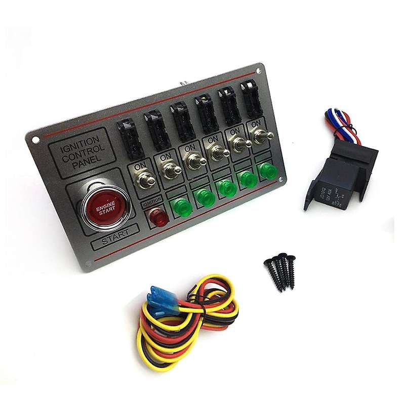 Racing Switch Panel Car Ignition Accessory Engine Start, 6 Indicator Light 6 Fused Toggle Quick Off