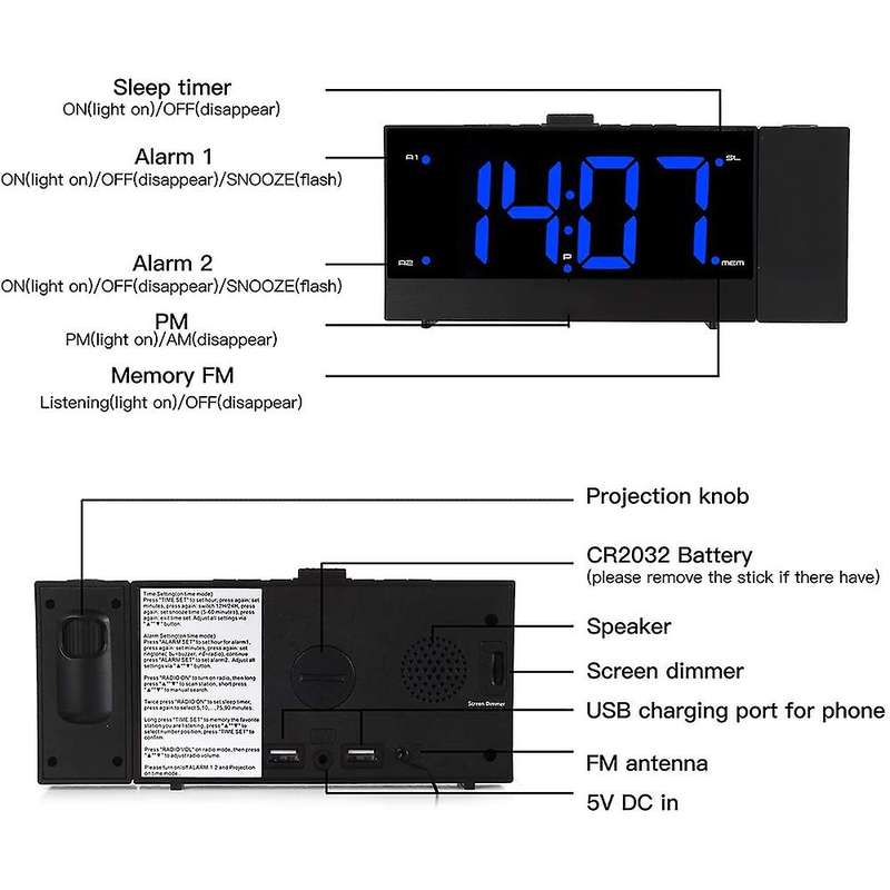 Radio Alarm Clock Projection Alarm Clock Digital Alarm Clock Beside for Kids Bedroom LED Display USB