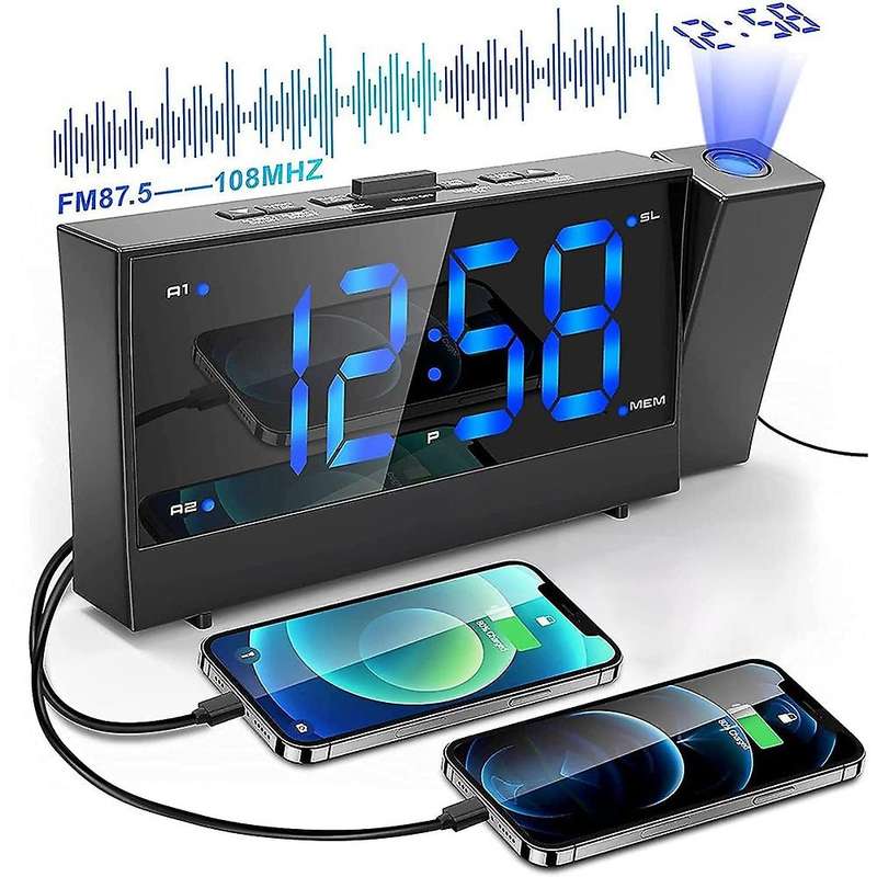 Radio Projection Alarm Clock , Digital Alarm Clock with Dimmer and USB Ports,LED Display Digital Clo
