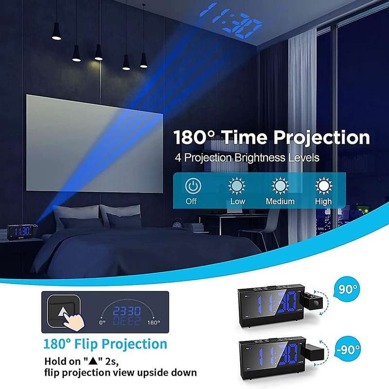 Radio Projection Alarm Clock , Digital Alarm Clock with Dimmer and USB Ports,LED Display Digital Clo