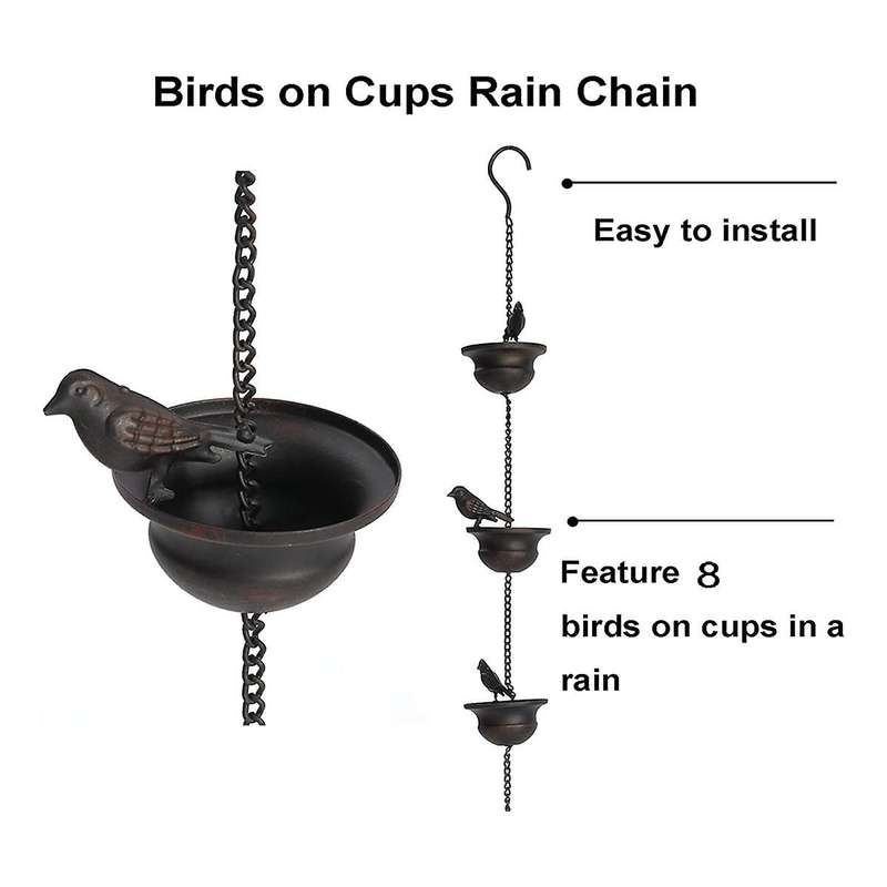 Rain Chains for Gutters Mobile Birds on Cups Rain Chimes 8Ft Rain Chimes with Attached Hanger and B