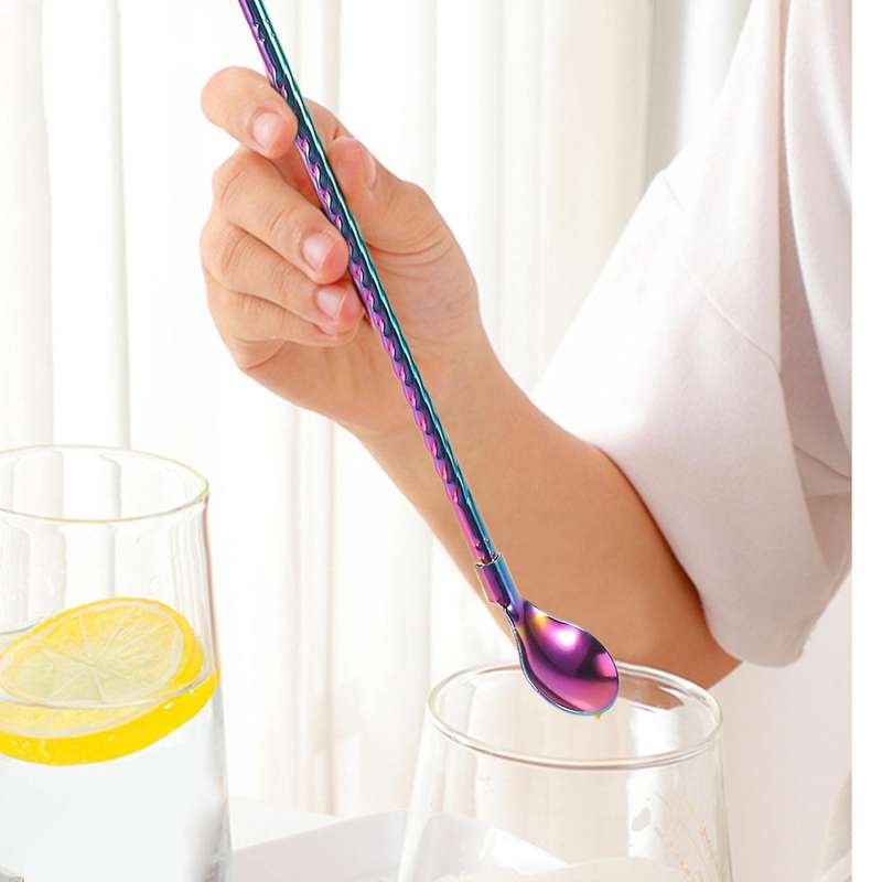Rainbow Ice Tea Spoon with Straw Handle, Stainless Steel Titanium Rainbow Plating,4 Pieces