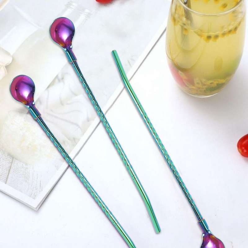 Rainbow Ice Tea Spoon with Straw Handle, Stainless Steel Titanium Rainbow Plating,4 Pieces
