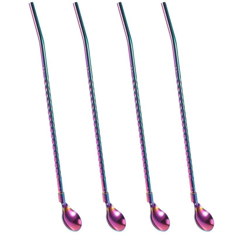 Rainbow Ice Tea Spoon with Straw Handle, Stainless Steel Titanium Rainbow Plating,4 Pieces