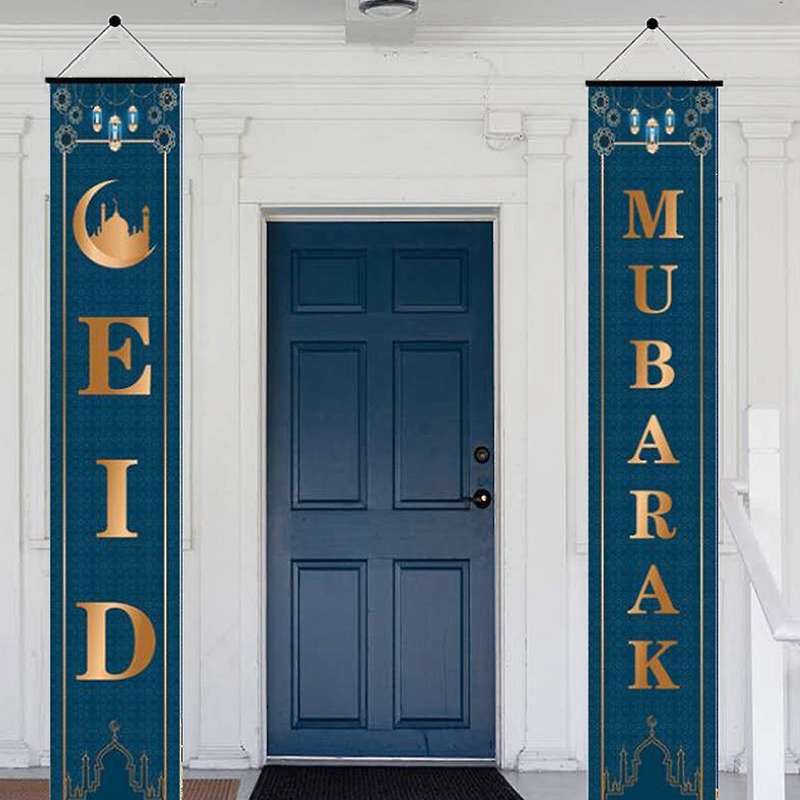 Ramadan Mubarak Door Curtain Couplet Outdoor Banner Flag for Muslim Eid Mubarak Party Decor Festival
