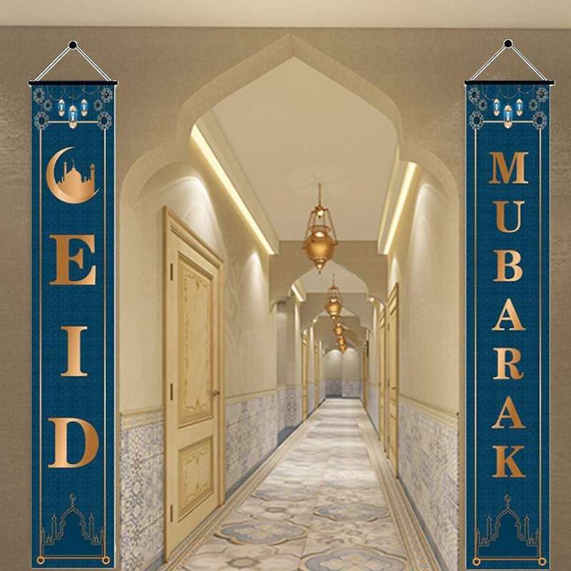 Ramadan Mubarak Door Curtain Couplet Outdoor Banner Flag for Muslim Eid Mubarak Party Decor Festival