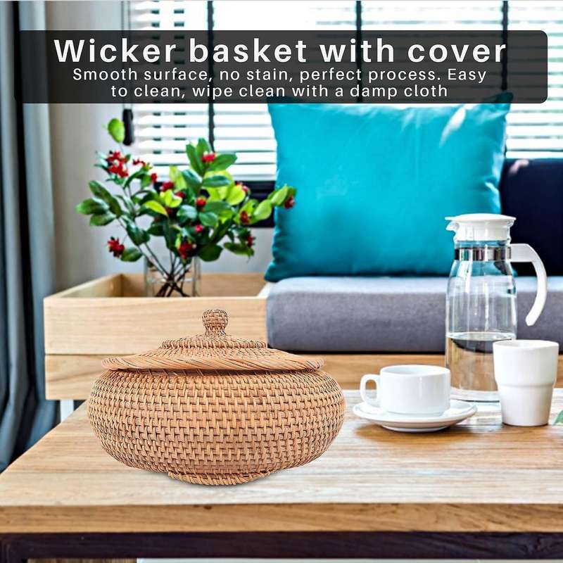 Rattan Boxes with Lid Hand-woven Multi- Wicker Tray with Durable Rattan Fiber Round 11 Inch Diamete