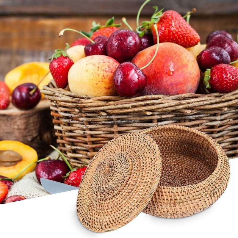Rattan Boxes with Lid Hand-woven Multi-purpose Wicker Tray with Durable Rattan Fiber Round 11 Inch