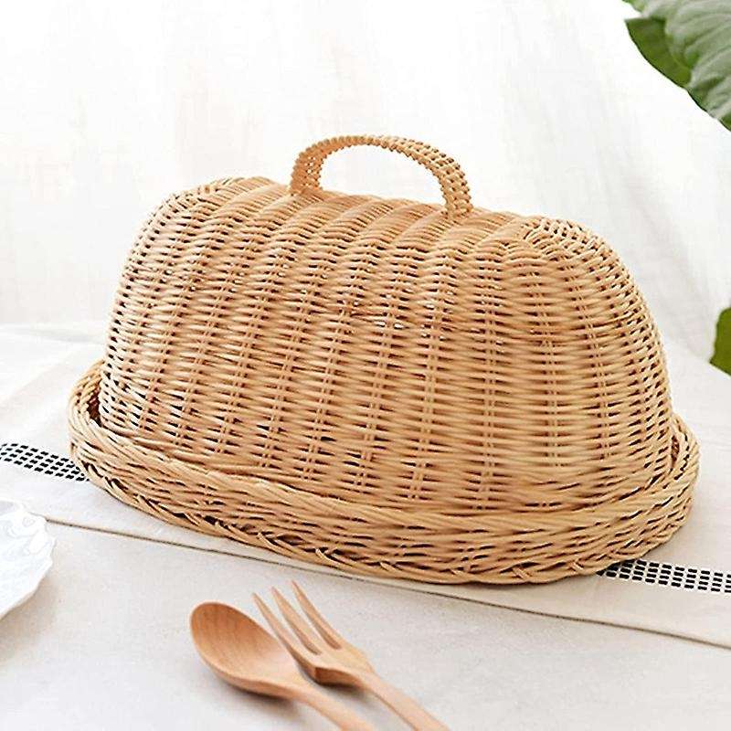 Rattan Storage Tray with Cover,hand-woven Wicker Baskets,bread Fruit Food Breakfast Display Box,for