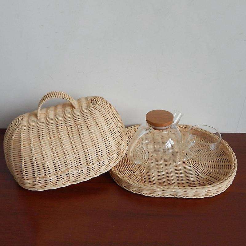 Rattan Storage Tray with Cover,hand-woven Wicker Baskets,bread Fruit Food Breakfast Display Box,for