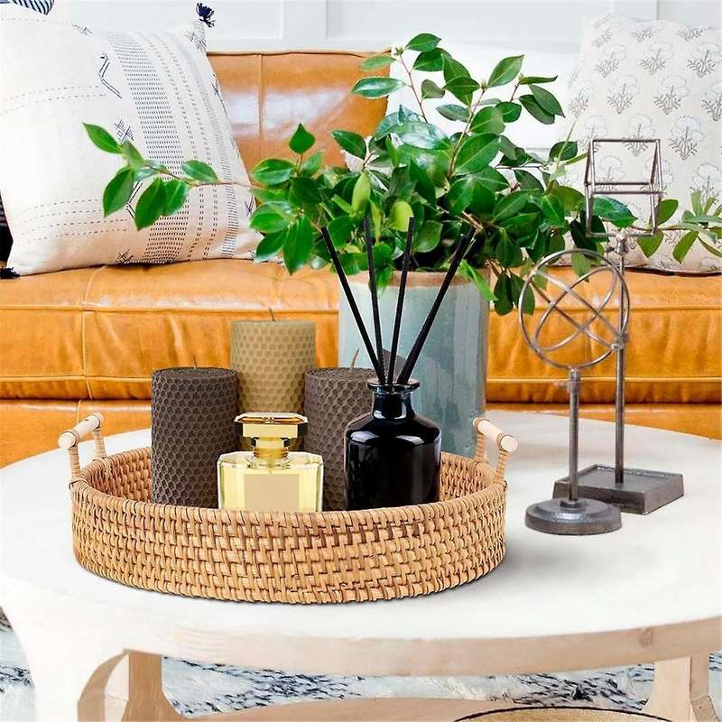 Rattan Serving Tray-11.5Inch Round Serving Tray with Handles-Handmade Round Rattan Tray-Decorative T