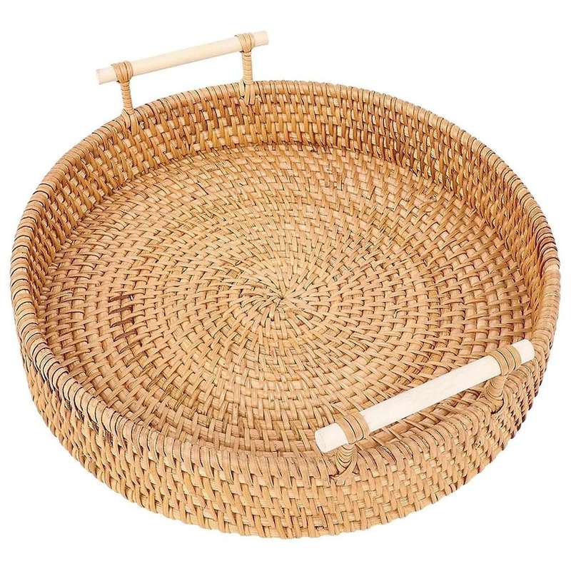 Rattan Serving Tray-11.5Inch Round Serving Tray with Handles-Handmade Round Rattan Tray-Decorative T