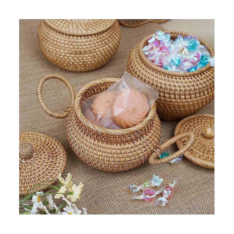 Rattan Round Basket with Lid, Rattan Storage Basket with Lid, Bread Food Basket Fruit Snacks Basket
