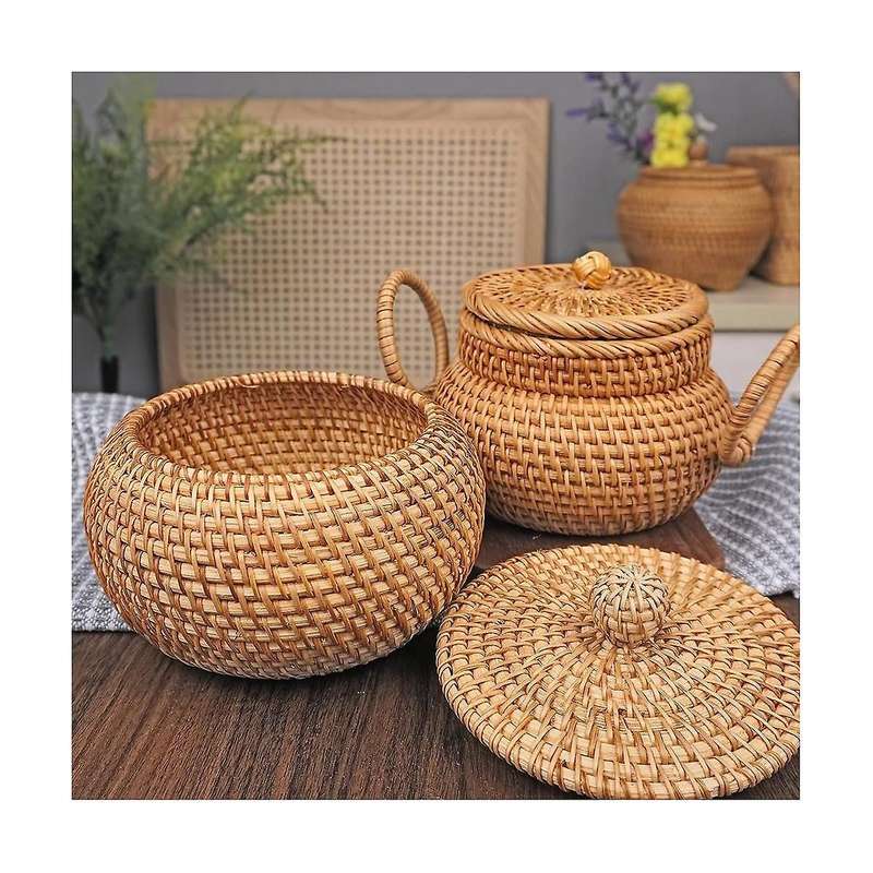Rattan Round Basket with Lid, Rattan Storage Basket with Lid, Bread Food Basket Fruit Snacks Basket