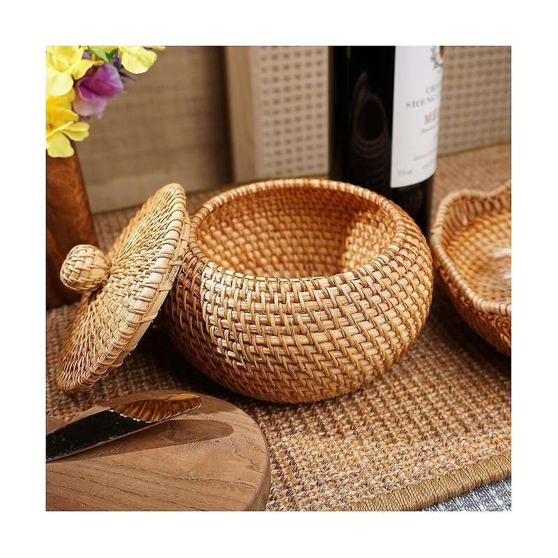 Rattan Round Basket with Lid, Rattan Storage Basket with Lid, Bread Food Basket Fruit Snacks Basket