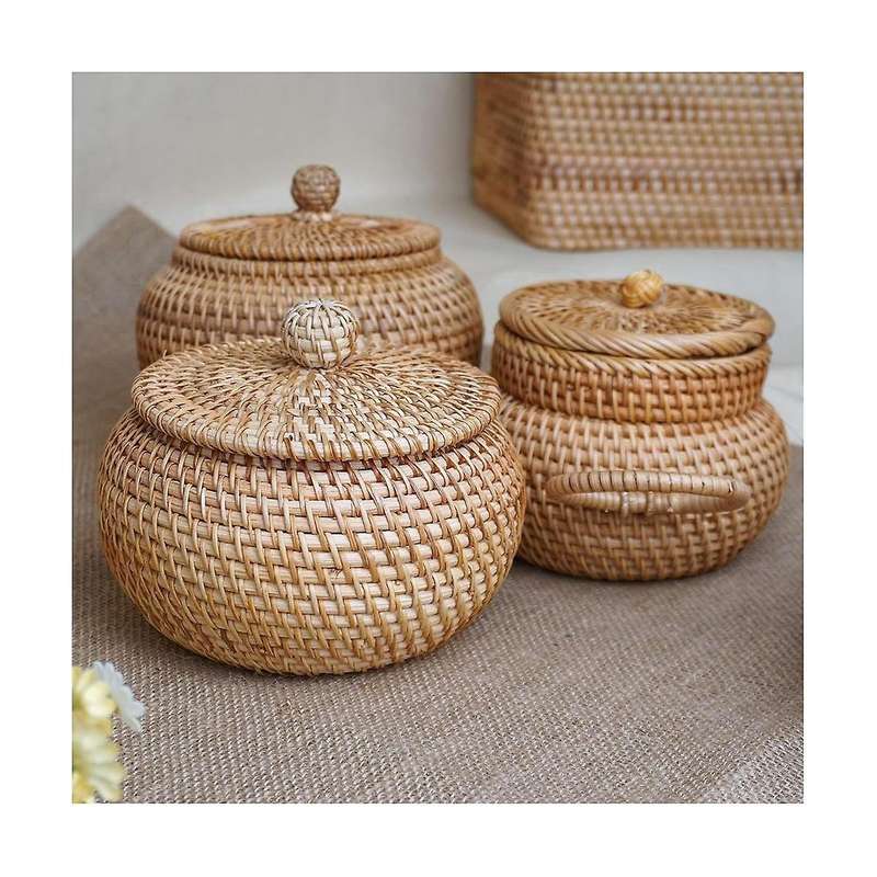 Rattan Round Basket with Lid, Rattan Storage Basket with Lid, Bread Food Basket Fruit Snacks Basket