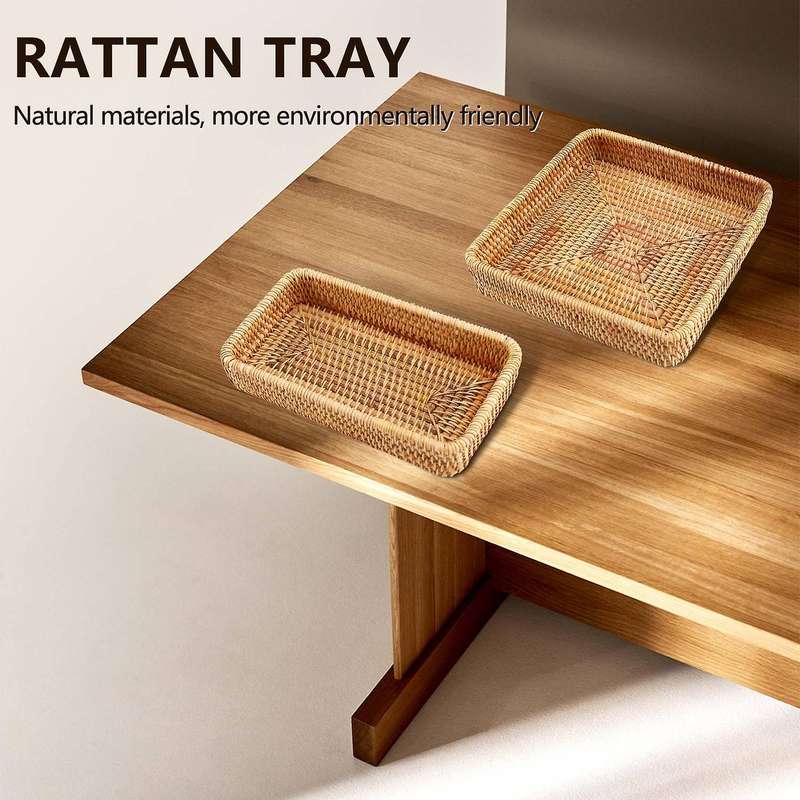 Rattan Wicker Serving Tray Rectangular Decorative Organizer for Coffee Table Fruit Drinks Bathroom