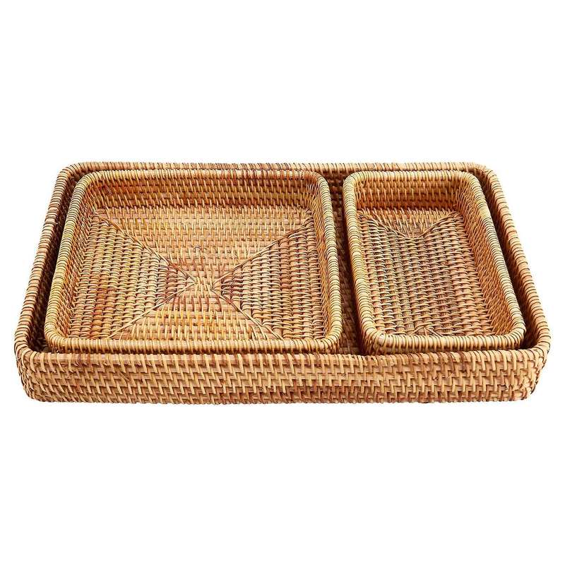 Rattan Wicker Serving Tray Rectangular Decorative Organizer for Coffee Table Fruit Drinks Bathroom