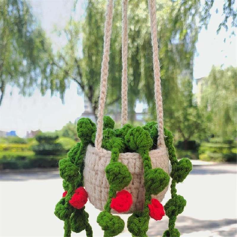 Rearview Mirror Pendant Cute Potted Plants Crochet Car Mirror Hand Knitted Plant Hanging Ornaments C