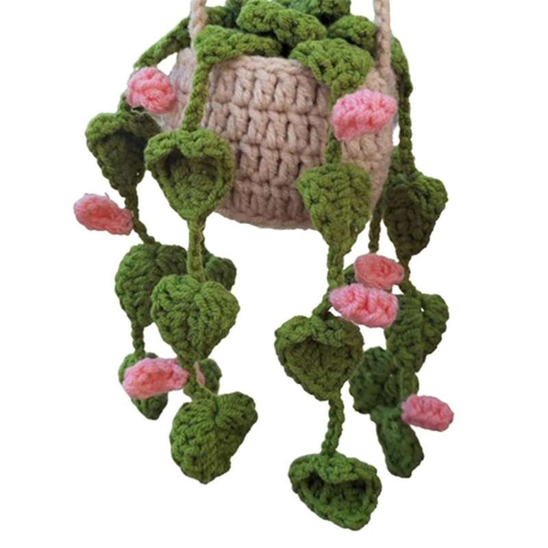 Rearview Mirror Pendant Cute Potted Plants Crochet Car Mirror Hand Knitted Plant Hanging Ornaments C
