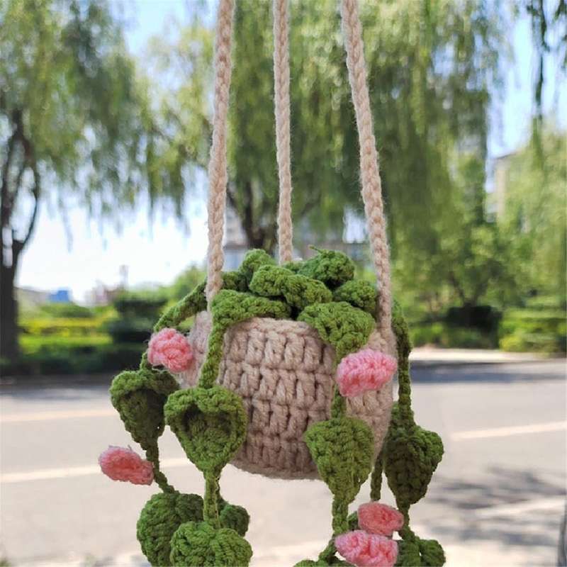 Rearview Mirror Pendant Cute Potted Plants Crochet Car Mirror Hand Knitted Plant Hanging Ornaments C