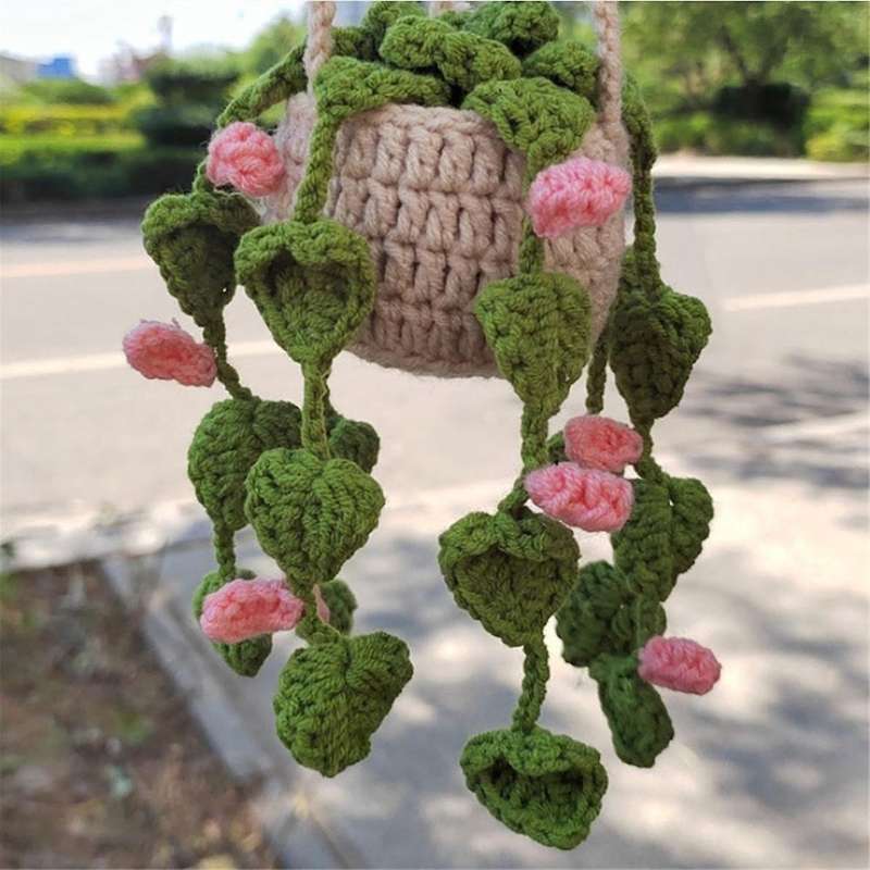 Rearview Mirror Pendant Cute Potted Plants Crochet Car Mirror Hand Knitted Plant Hanging Ornaments C