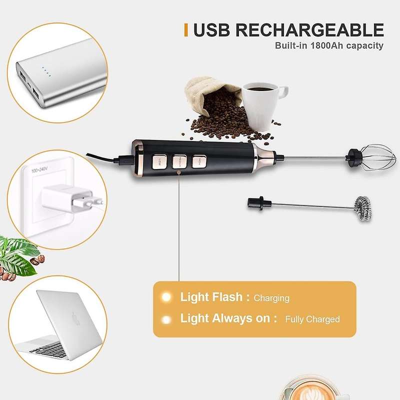 Rechargeable 3 Speeds Milk Frother Handheld Standable Frother perfect for Making Coffee Lattes Egg W