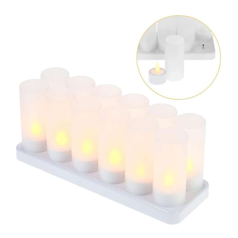 Rechargeable Flameless Candle,12 Pcs Yellow Light Led Flickering Tea Lights&12 Frosted Cups,with Ch