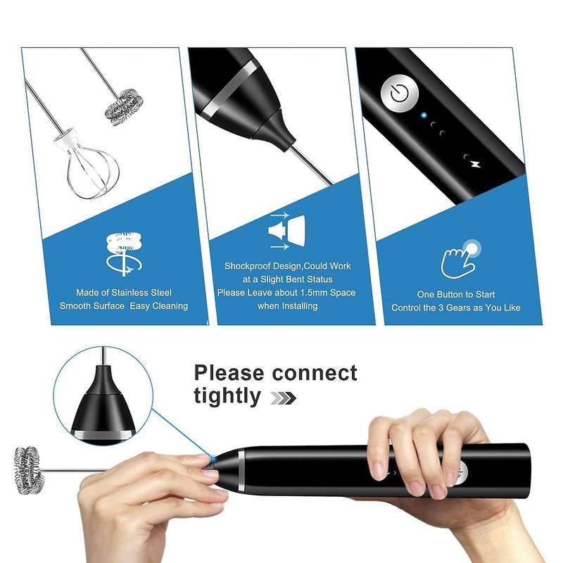 Rechargeable Milk Frother Handheld Electric Foam Maker with 3 Speed for Coffee Latte Cappuccino Cho
