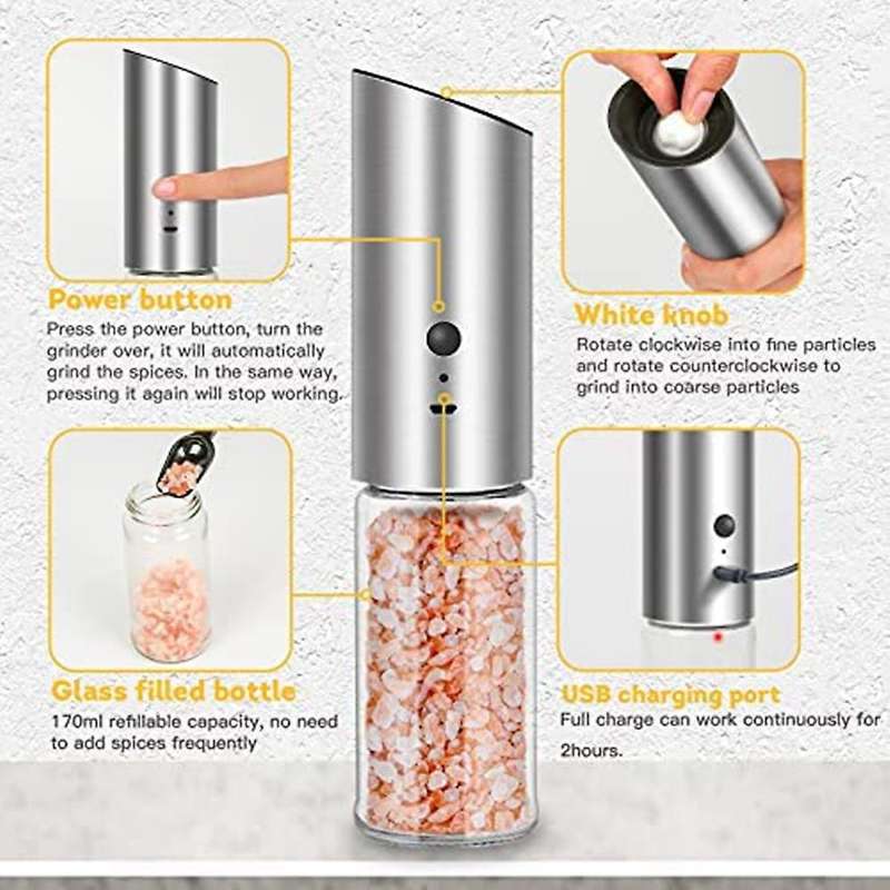 Rechargeable Salt and Pepper Mill Electric Pepper Mill USB Rechargeable Electric Salt Mill Adjustabl