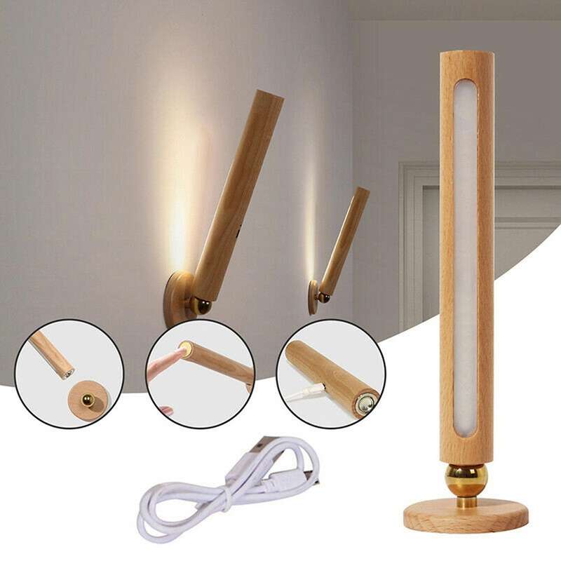 Rechargeable Wall Lamp Wooden LED Night Lights Rotating Spotlight Touch Switch Wall-Mounted Reading