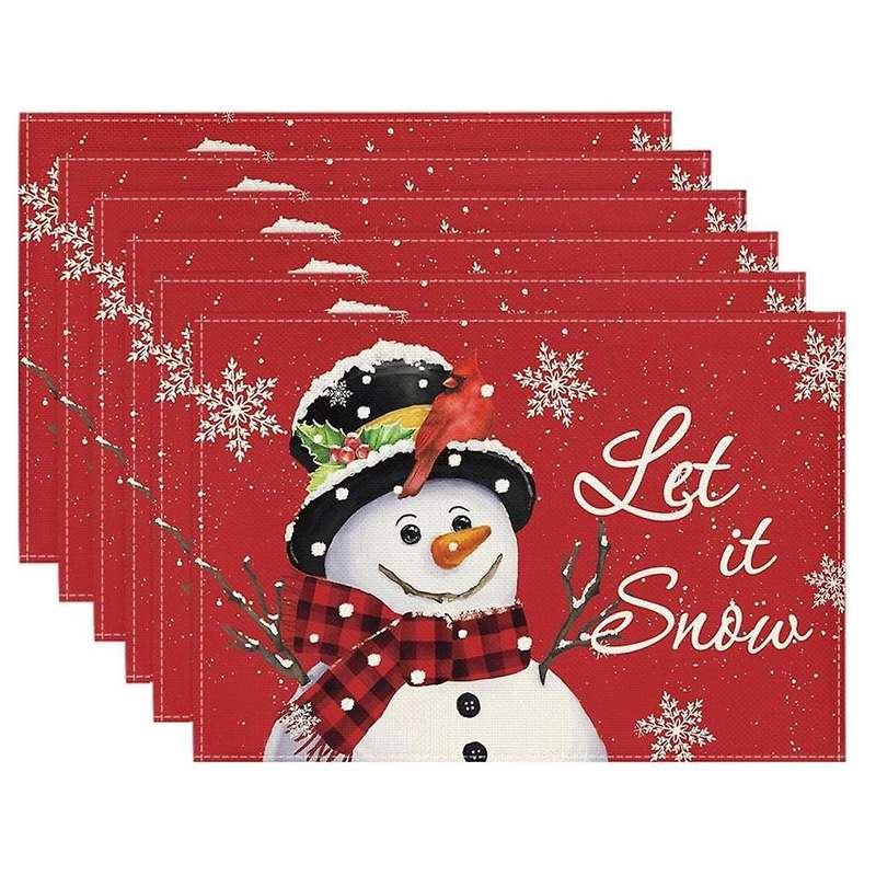 Red Christmas Winter Placemats Set Of 6, 12x18 Inch Seasonal Christmas Holiday Table Mats