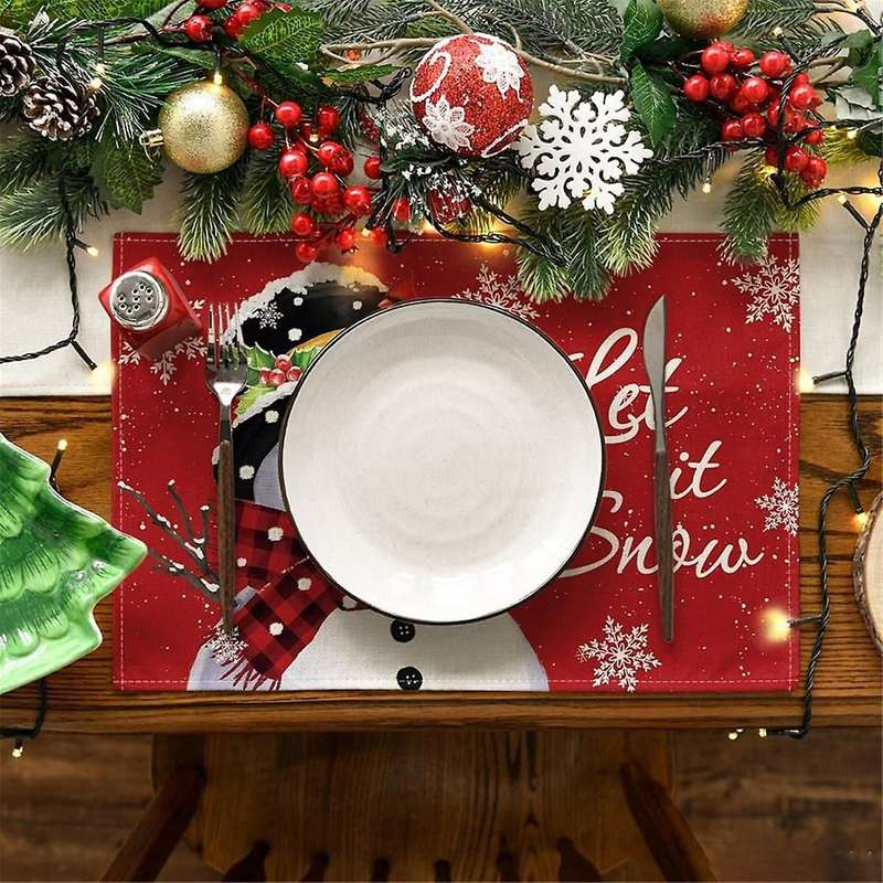 Red Christmas Winter Placemats Set Of 6, 12x18 Inch Seasonal Christmas Holiday Table Mats